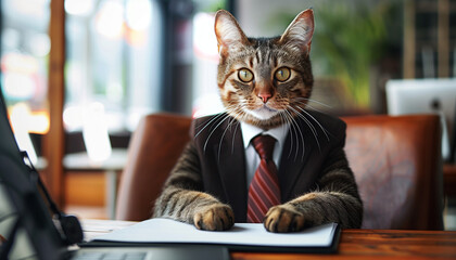Cat in a suit and tie, sitting confidently at a desk, exuding professionalism and charm in a modern office