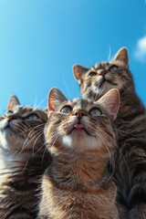 Three Adorable Tabby Cats Looking Up in a Bright Blue Sky Background