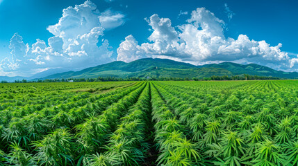 Cultivated field of cannabis, weed faming, sunny afternoon