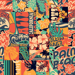California summer beaches graphics patchwork wallpaper vintage vector seamless pattern  for fabric shirt beach towel tablecloth pillow wrapping  © PrintingSociety
