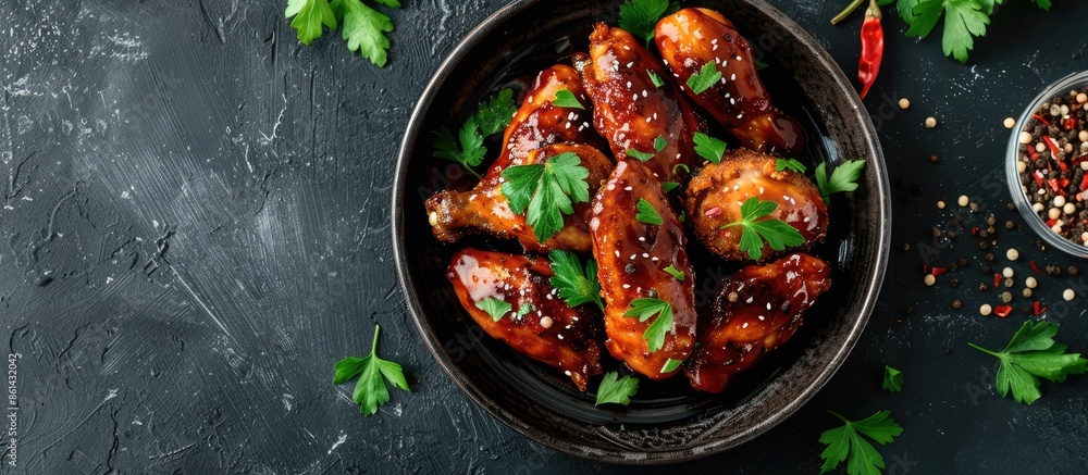 Poster chicken with a crispy coating and a savory sauce displayed in a photo with room for text or other el