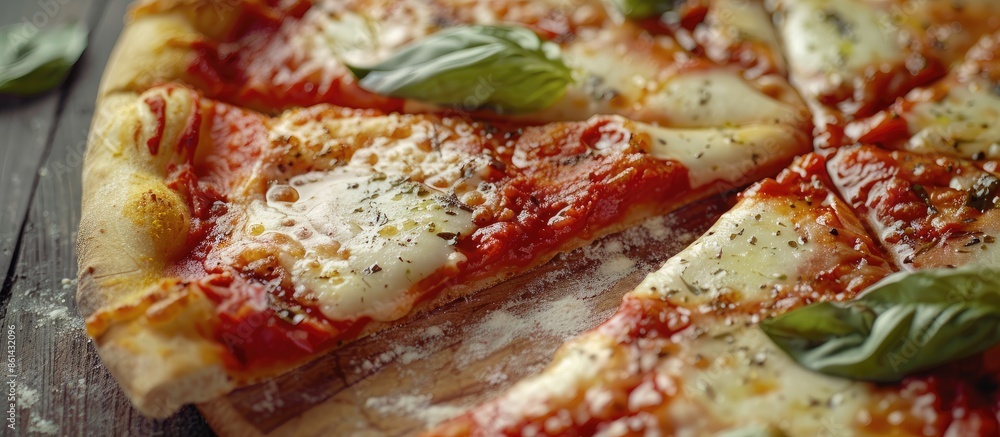 Aufkleber close-up of a pizza margherita with a missing slice, displaying copy space image.