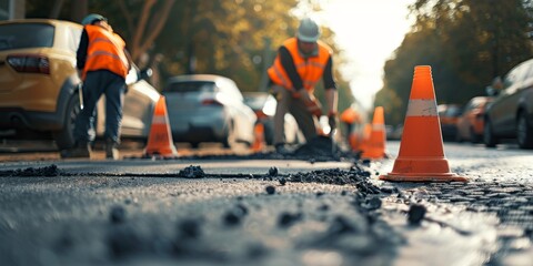 Obraz premium Road service workers in uniform are repairing the road surface