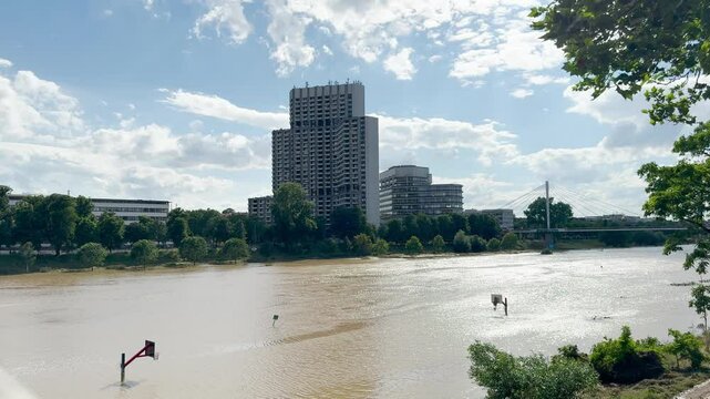 The flooded city of Mannheim. River overflowed due to heavy rains, basketball court flooded
