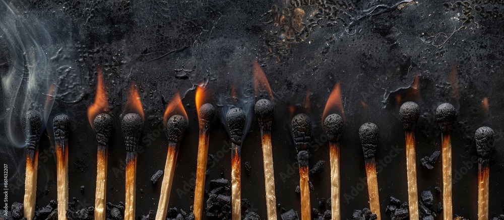 Poster An aerial view of burning and unburned matches in a row, showcasing the process of combustion with copy space image.