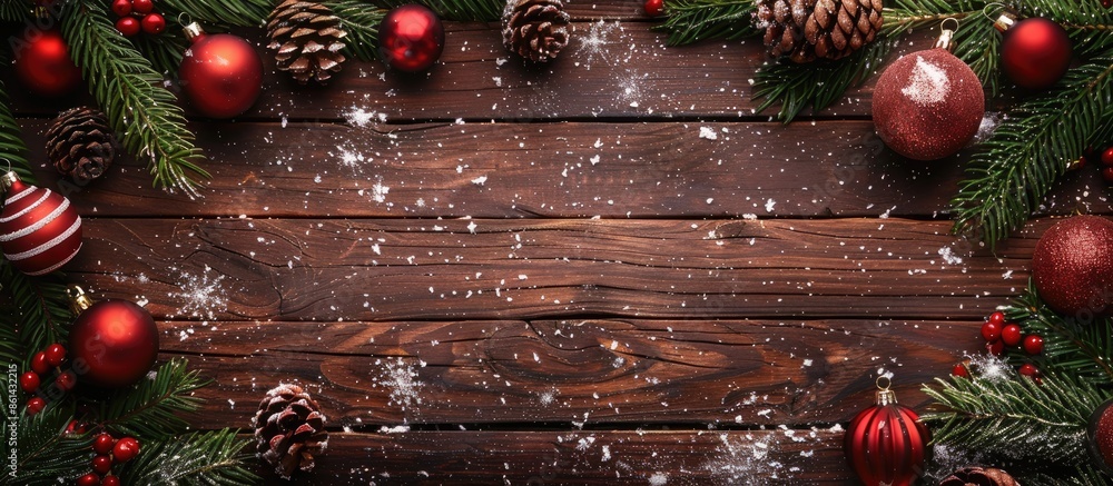 Poster background of wooden christmas decor with ornaments providing space for text to be added on the imag