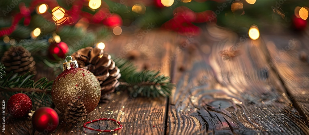 Poster festive christmas scene on wooden table with red and gold xmas decorations emphasizing a golden ball