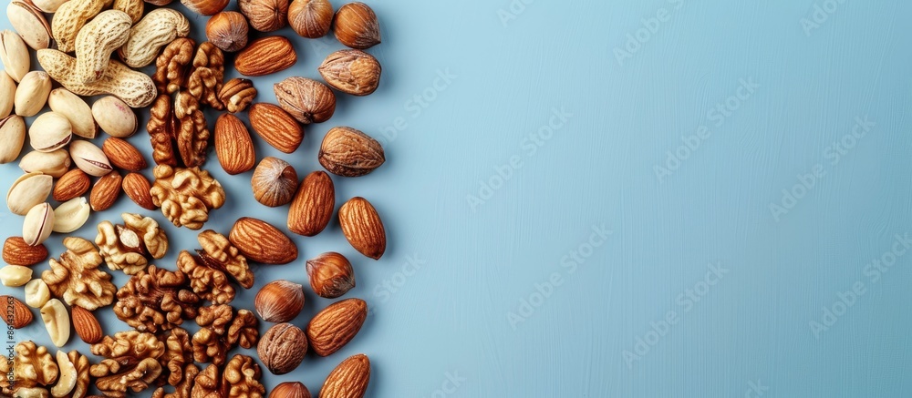 Poster arranged brazilian nuts, walnuts, and almonds on a light blue background with a macro focus for a co