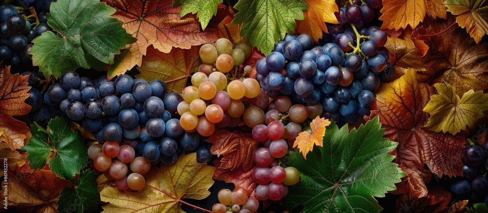 Poster close-up of various colored wild grapes with leaves in green, orange, yellow, and red, alongside dar