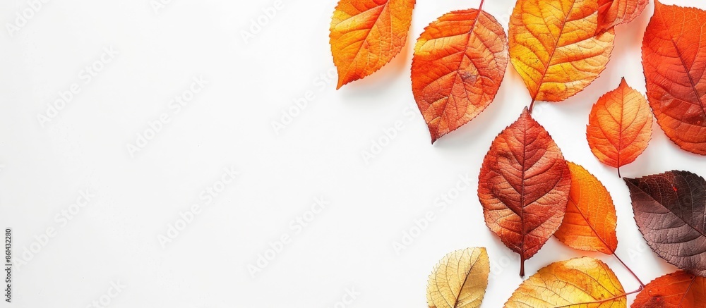 Poster close-up view of vibrant autumn leaves on white backdrop with copy space image.