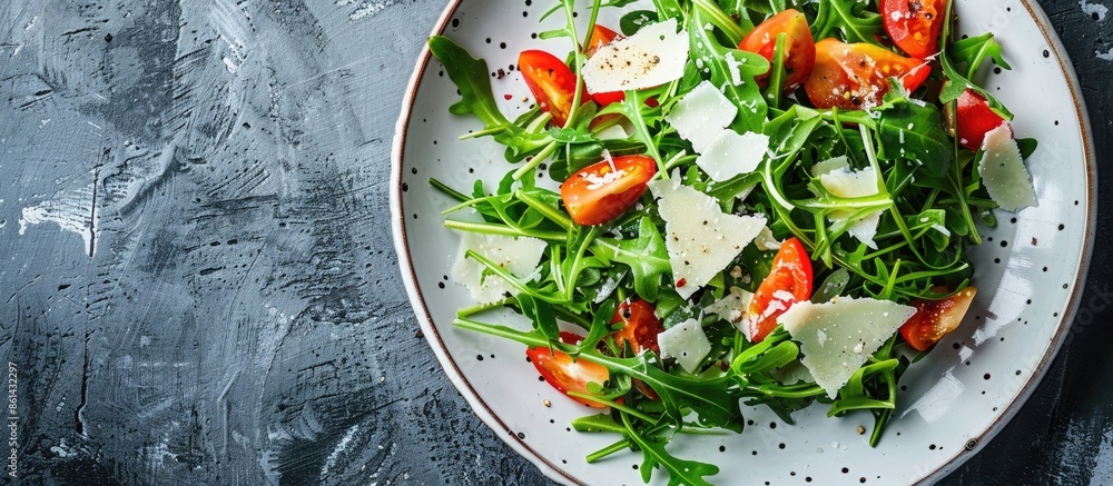 Poster arugula and parmesan cheese salad on a white plate against a dark backdrop with copy space image.