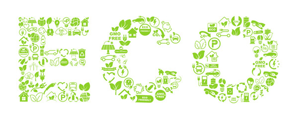 Set of ecology vector icons. Big collection with ecological signs. Green clean eco symbols. Vector 10 Eps.