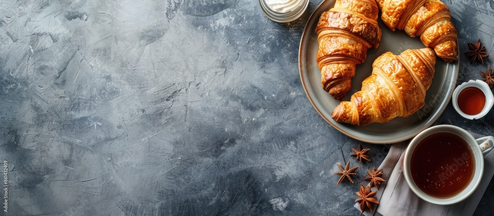 Poster Breakfast table adorned with fresh French croissants, presented in the image with ample copy space for text.