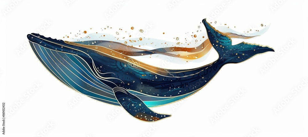 Wall mural wide angle, Digital vector design on white background of majestic blue whale in galaxy like water