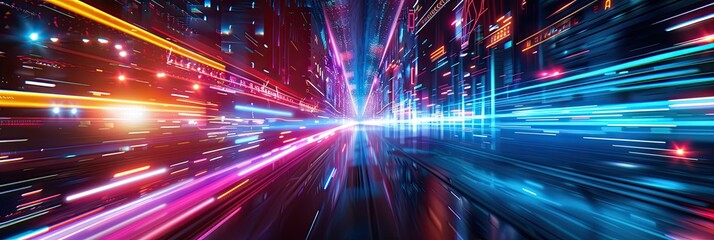 Fototapeta premium Abstract futuristic background with neon light streaks and glow, speed motion lines in dark space. Glowing lights with blue red colors. Abstract city night view․ 
