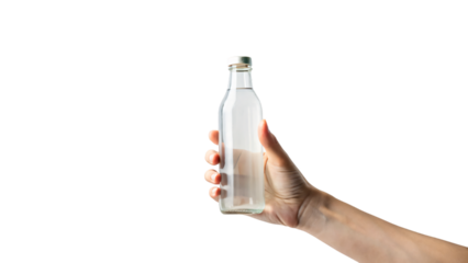 A hand grasps a water bottle