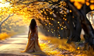 Autumn scene of trees with orange leaves in park, alley and person walking on path. Autumn landscape background