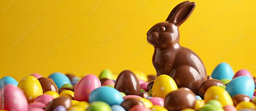 Poster Colorful background with chocolate Easter eggs and a bunny, providing empty space for image. image with copy space