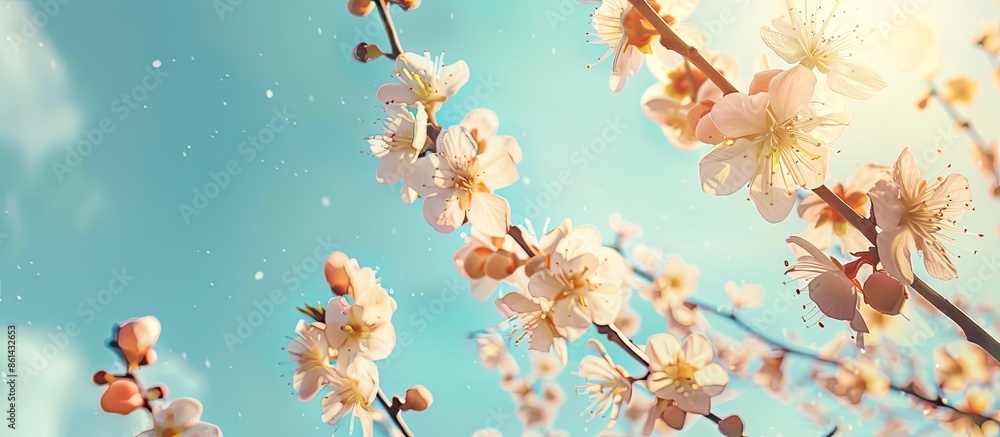 Aufkleber apricot tree branches with delicate flowers set against a blue sky make for an impressive spring blo