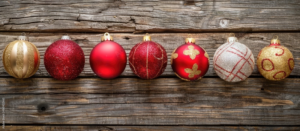 Poster Festive Christmas ornaments displayed on a rustic wooden backdrop, perfect for adding text or graphics with ample copy space image.