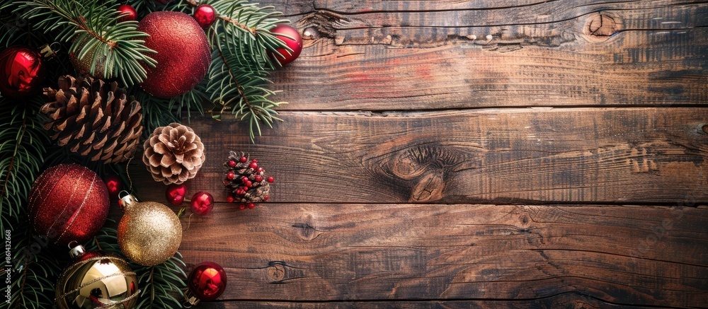 Poster Festive Christmas-themed items like ornaments and an evergreen branch displayed on a wooden backdrop with copy space image available.