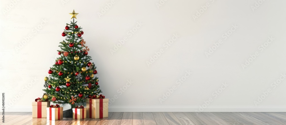 Poster Christmas tree and presents displayed near a white wall, creating a festive scene with copy space image.