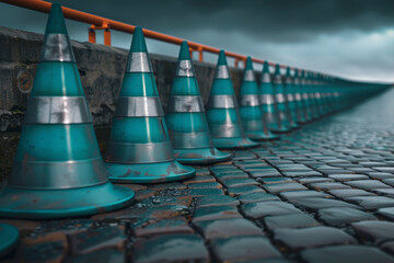 Obraz premium Row of Reflective Traffic Cones on Wet Cobblestone Street under Moody Sky