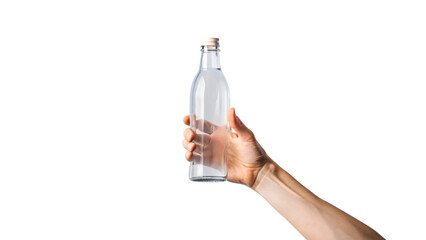 A hand grasps a water bottle
