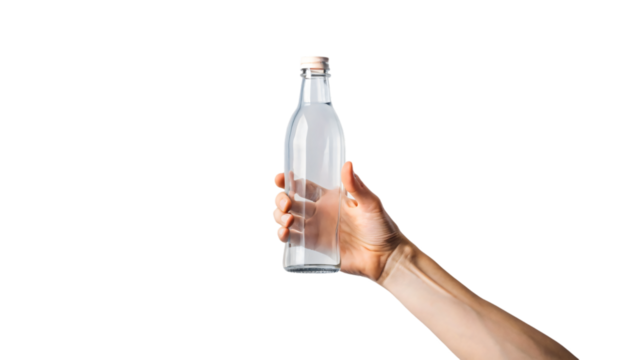 A hand grasps a water bottle