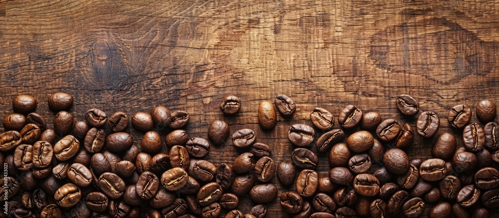 Poster Coffee beans displayed on a rustic wooden surface, with open area for additional content known as a copy space image.