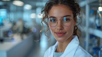 Fototapeta premium A young female scientist with curly hair and glasses is smiling confidently inside a bright and modern laboratory, symbolizing knowledge, confidence, and scientific rigor.