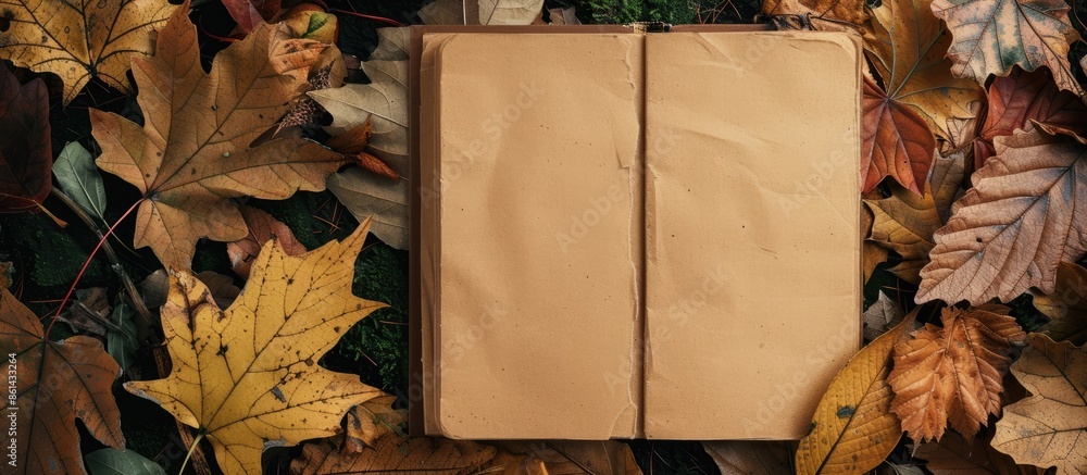 Aufkleber Brown craft paper sheet and autumn leaves provide the backdrop for a diary in this copy space image, ideal for text placement.