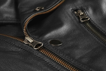 Close Up Of Genuine Leather Jacket And Zipper.