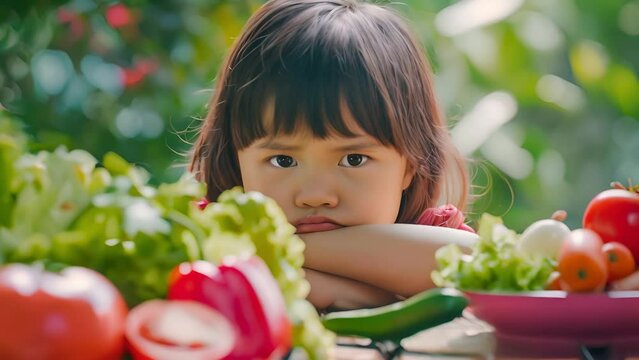 Asian little girl frowning unhappy and don't like eating vegetables	
