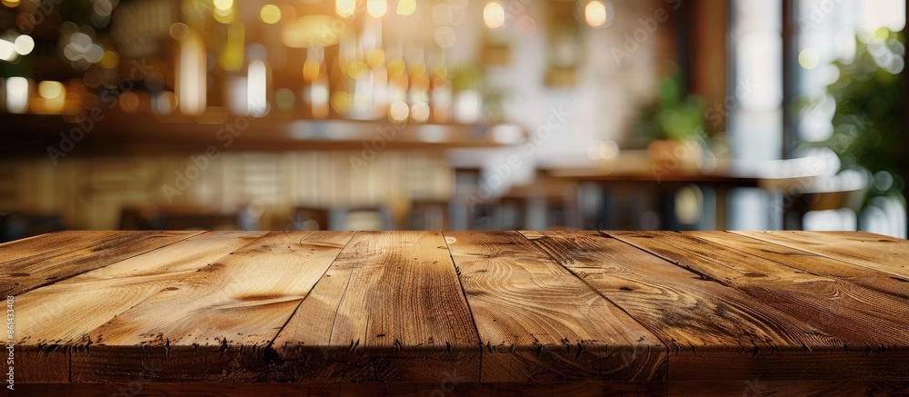 Poster Brown wooden table with blur background at a cafe, perfect for product display montage with copy space image.