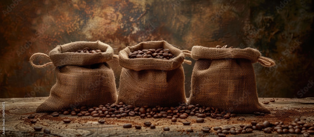 Poster Coffee bean-filled bags displayed against a gently lit backdrop create an inviting copy space image.