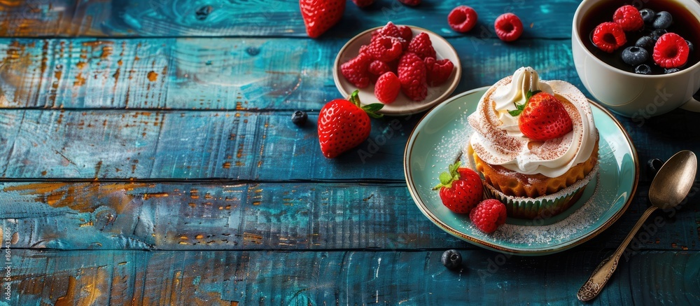 Aufkleber Enjoying coffee with dessert on a table with a vibrant copy space image.