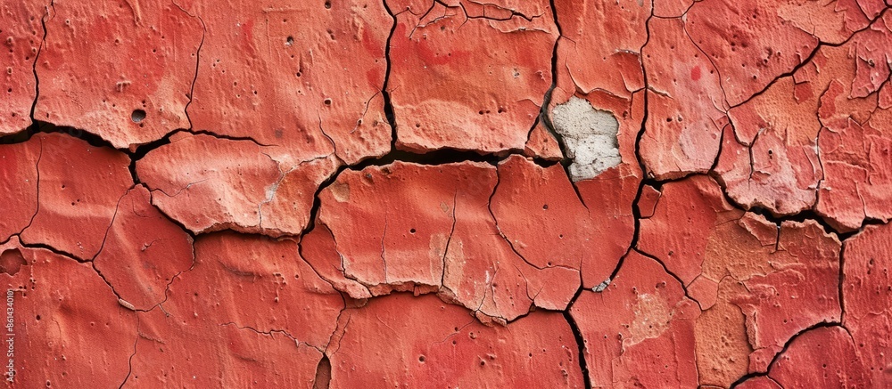 Poster background with copy space image of a cracked red cement wall displaying its unique texture and patt