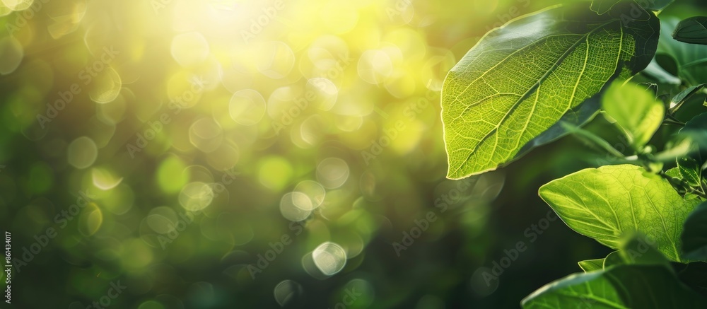 Poster blurry background featuring a green leaf in nature close-up, with sunlight highlighting beautiful bo