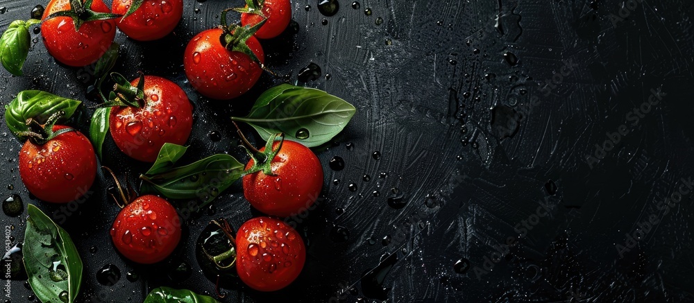 Poster Dark background with copy space image showcasing cherry tomatoes and basil leaves adorned with water droplets.