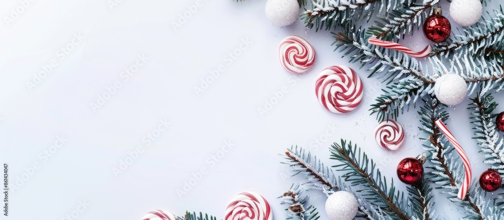 Aufkleber Festive frame with fir branches, lollipop Xmas tree decor on white background for holidays or New Year. Includes copy space image in horizontal format.