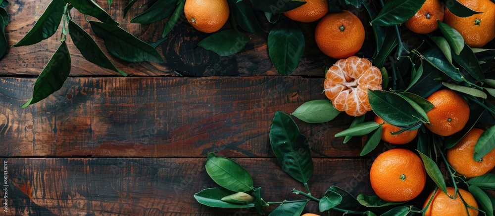 Poster citrus fruits like tangerines, mandarins, and clementines displayed on a wooden background alongside