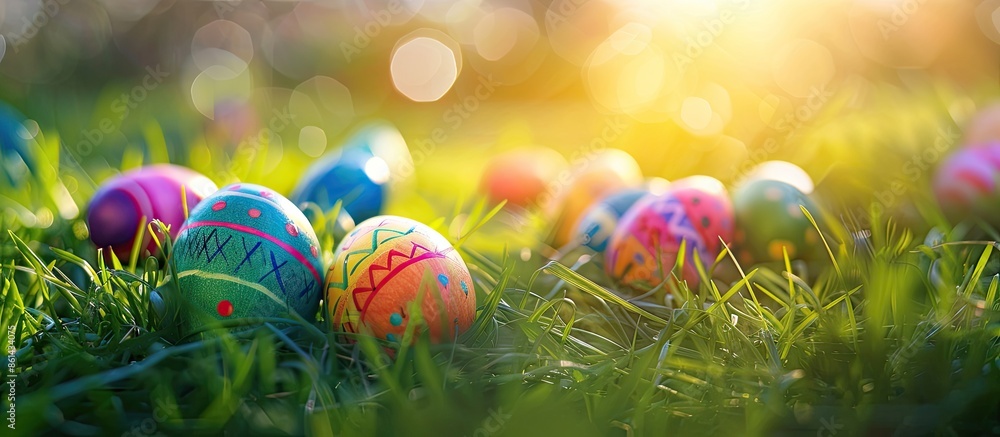 Aufkleber Colorful Easter eggs in grass on a sunny spring day with a meadow filled with dyed multi-colored eggs, creating a Happy Easter concept with copy space image.