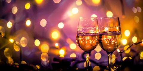 Romantic Evening with Two Wine Glasses and Festive Bokeh Lights in the Background