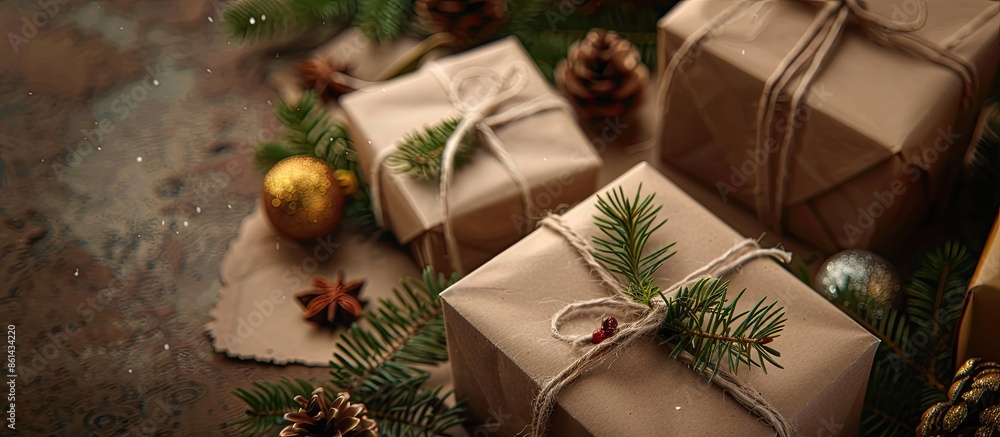 Aufkleber elegant christmas gift box displays arranged on a background of rustic brown paper providing ample c