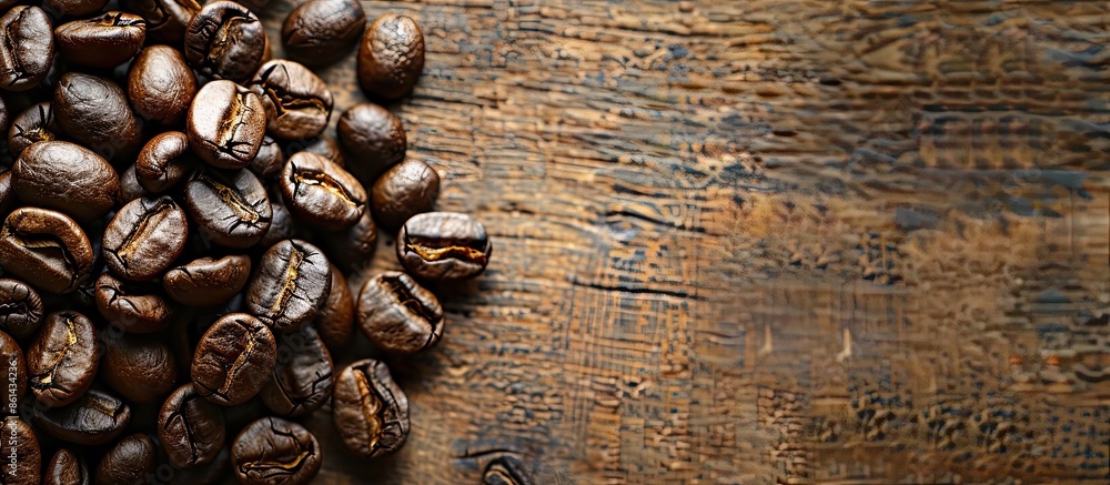 Poster close-up image of roasted coffee beans with scattered ones on a wooden surface in a copy space image