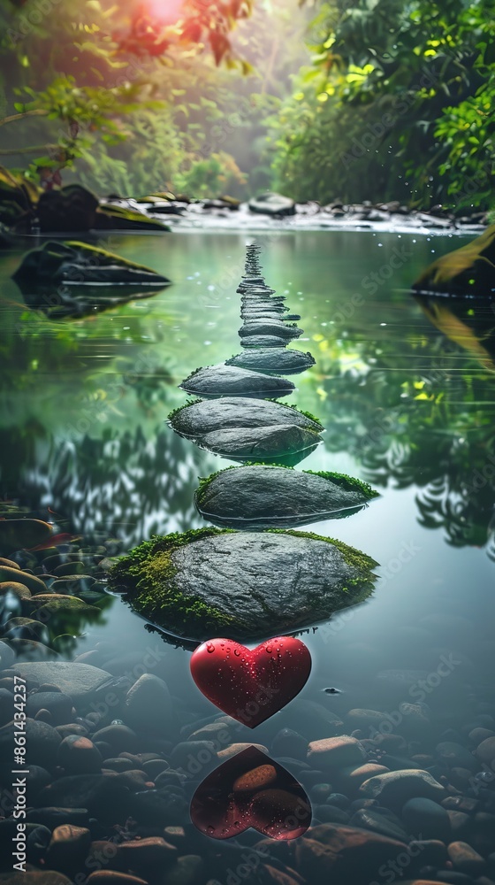 Wall mural Heart shaped leaf in nature, symbolizing love and peace, vibrant and serene outdoor photography