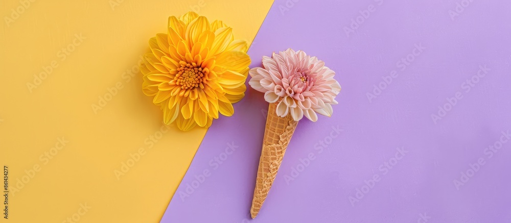 Aufkleber chrysanthemum flower in a waffle cone displayed on a colorful purple and yellow background in a top-