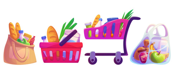 Grocery shop cart, basket, bag set isolated on white background. Vector cartoon illustration of food packages, bottles, fresh bread, fruit and vegetables, shopping containers full of healthy products