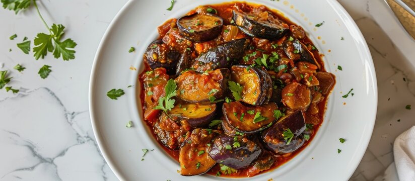 Eggplant dishes like Baghare baingan, Baingan masala, and Bharli vangi, including Khare vanga, are elegantly displayed on a white plate with ample copy space image.